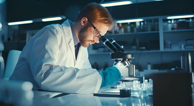 scientist looking through a microscope