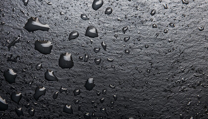 Water drops on dark stone surface of basalt or granite