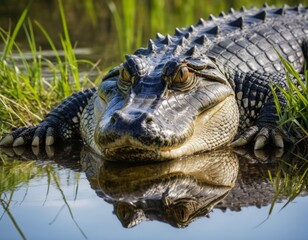 Close up front view of a large American Alligator