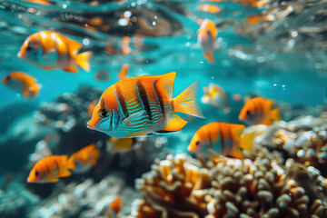 Fototapeta premium Under water view of fish and coral abstract background. Generative ai.