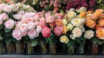 Lush roses in shades of pink, peach, and white are artfully arranged in vases in a bright flower market.