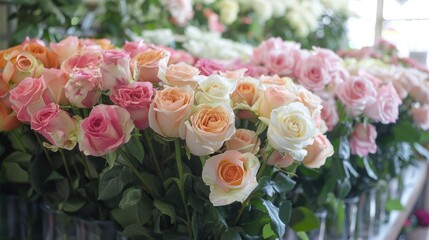 Lush roses in shades of pink, peach, and white are artfully arranged in vases in a bright flower...