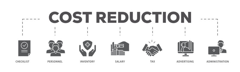 Cost reduction icons process flow web banner illustration of checklist, personnel, inventory, salary, tax, advertising and administration icon live stroke and easy to edit 