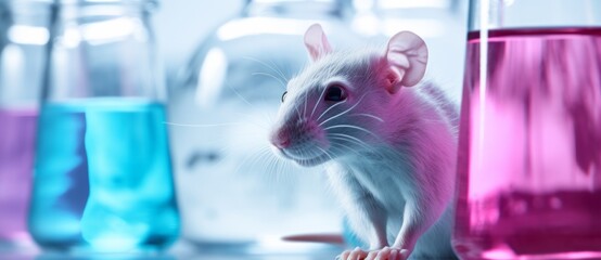 A live white laboratory experimental mouse sits on pills.