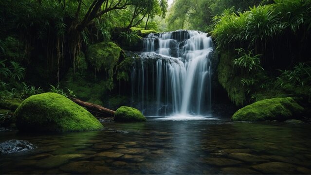 small waterfall with river in the dark jungle, greenery scenery 