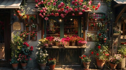 A quaint flower shop window overflows with lush, beautifully arranged bouquets of roses, inviting passersby to admire the natural beauty and fragrance