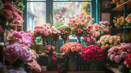 A quaint flower shop window overflows with lush, beautifully arranged bouquets of roses, inviting...