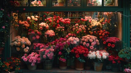 A quaint flower shop window overflows with lush, beautifully arranged bouquets of roses, inviting passersby to admire the natural beauty and fragrance - obrazy, fototapety, plakaty