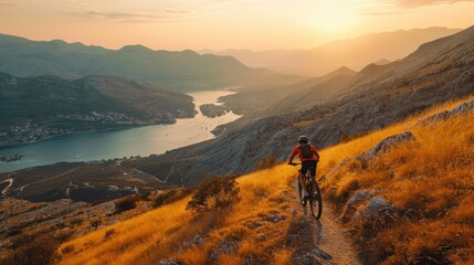 Obraz premium Cyclist Riding the Bike in the Beautiful Mountains Down the Rock on the Sunrise Sky Background. Extreme Sport and Enduro Biking Concept
