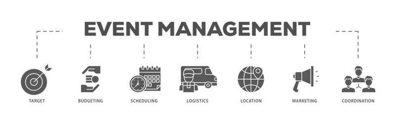 Event management icons process flow web banner illustration of target, budgeting, scheduling, logistics, location, marketing, and coordination icon live stroke and easy to edit 