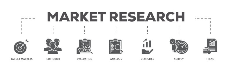 Market research icons process flow web banner illustration of target markets, customer, evaluation, analysis, statistics, survey and trend icon live stroke and easy to edit 