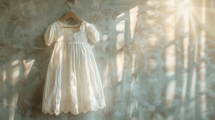 a baby's baptism, hung on a wooden hanger against a soft background, capturing a sense of purity and tradition