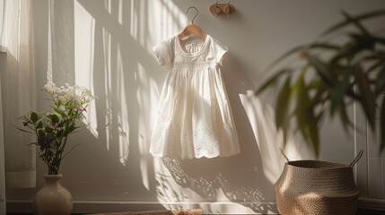 a baby's baptism, hung on a wooden hanger against a soft background, capturing a sense of purity and tradition