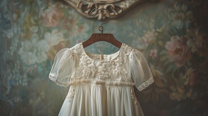 a baby's baptism, hung on a wooden hanger against a soft background, capturing a sense of purity and tradition