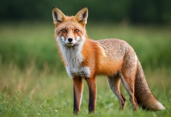 Fototapeta premium Red fox, vulpes vulpes, standing on a meadow and looking to camera. Blurred green background in summer forest