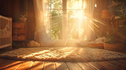 Cozy Nursery Room with Warm Sunlight and Soft Textures. - obrazy, fototapety, plakaty