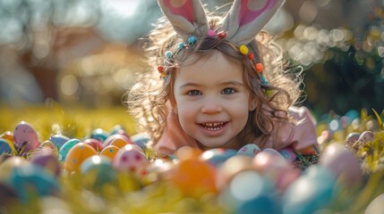 Cheerful child with bunny ears hunting for Easter eggs outside the house.