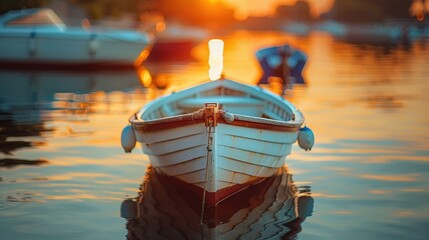 Small boats on calm water, moored in the harbor during sunset.