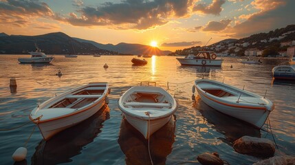 Small boats on calm water, moored in the harbor during sunset. - obrazy, fototapety, plakaty