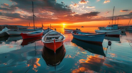 Small boats on calm water, moored in the harbor during sunset. - obrazy, fototapety, plakaty