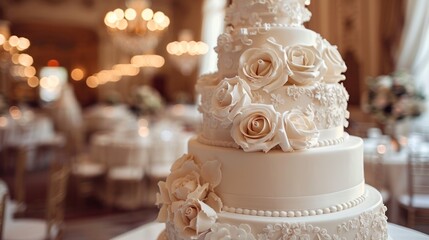 Stunning white wedding cake embellished with intricate rose details, set against the backdrop of an elegant reception venue.