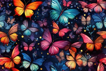 seamless pattern with bright multicolored butterflies and flowers on black neon rainbow background for print on fabric and textiles