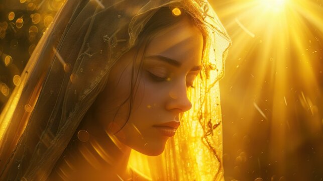 Woman in image Virgin Mary Mother of Jesus Christ in holy light. Portrait of young woman in veil in rays of the sun.