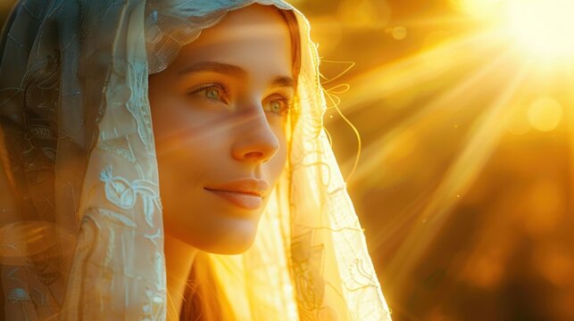 Woman in image Virgin Mary Mother of Jesus Christ in holy light. Portrait of young woman in veil in rays of the sun.