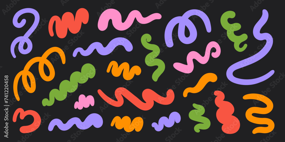 Aufkleber Abstract set colorful wavy retro groovy shapes on a black background. Vector illustration in style 90s, 00s