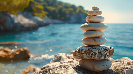 Rocks stacked one on top of another on the background of the sea. - obrazy, fototapety, plakaty