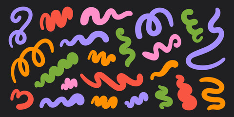 Abstract set colorful wavy retro groovy shapes on a black background. Vector illustration in style 90s, 00s