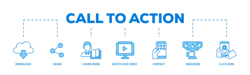 Call to action icons process flow web banner illustration of  click here, watch our video, subscribe, contact, learn more, share, download icon live stroke and easy to edit 