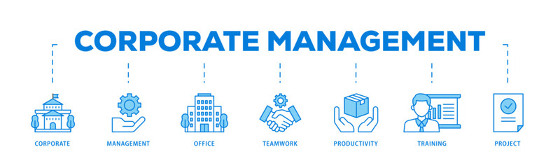Corporate management icons process flow web banner illustration of corporate, management, office, teamwork, productivity, training and project icon live stroke and easy to edit 