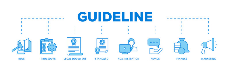 Guideline icons process flow web banner illustration of rule, procedure, legal document, standard, administration, advice, finance, marketing icon live stroke and easy to edit 
