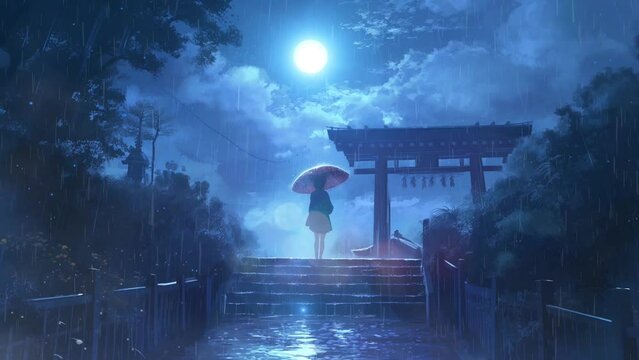 Lofi anime girl standing on rainy night temple. Under the bright moon. Holding an umbrella. Loop animation video