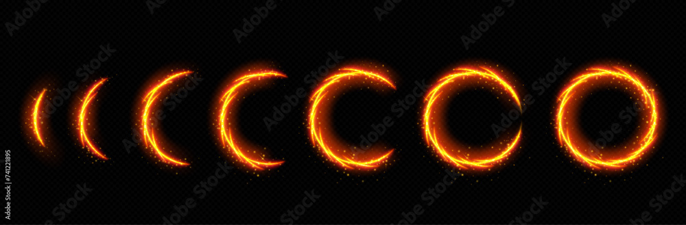 Poster fire circle portal with flame and sparkles loading progress steps. realistic vector illustration set