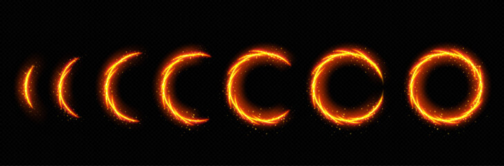 Fire circle portal with flame and sparkles loading progress steps. Realistic vector illustration set of different process stages of appearance and completion of orange bright neon glowing ring.
