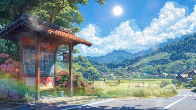 Lofi anime bus stop. Quiet empty street road. Chill and relaxing summer atmosphere. Loop animation video background