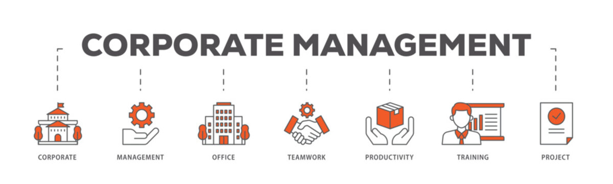 Corporate management icons process flow web banner illustration of corporate, management, office, teamwork, productivity, training and project icon live stroke and easy to edit 