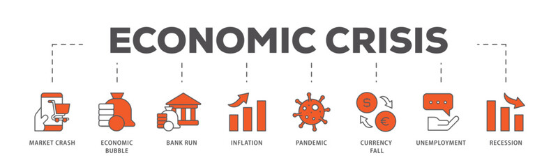 Economic crisis icons process flow web banner illustration of recession, unemployment, inflation, currency fall, pandemic, bank run icon live stroke and easy to edit  - obrazy, fototapety, plakaty