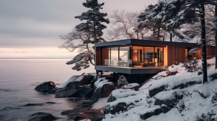 Modern Cabin Overlooking Snowy  - obrazy, fototapety, plakaty