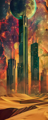 Cosmic technology breathes life into surreal skyscrapers amidst dunes painting an abstract desert background