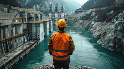 An engineer stands and watches a hydroelectric power plant from a dam. - obrazy, fototapety, plakaty