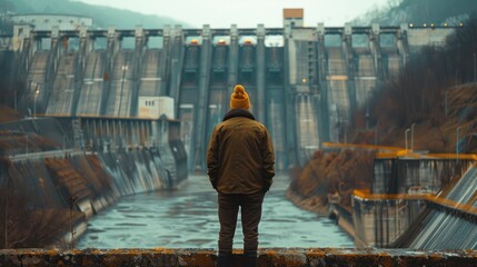 An engineer stands and watches a hydroelectric power plant from a dam. - obrazy, fototapety, plakaty