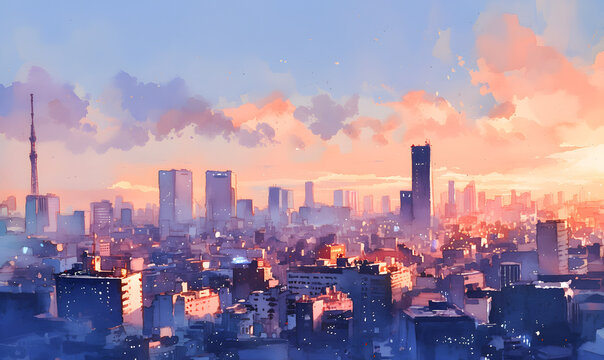 Watercolor painting capturing the iconic skyline of a bustling city at sunset, Generative AI