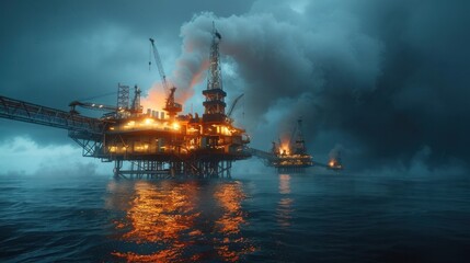 Obraz premium Engineers are working on an oil rig or natural gas rig at sea in extreme weather conditions.