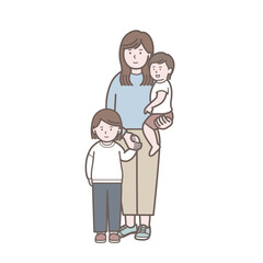 小さい子供2人と若い女性、母親の全身イラスト