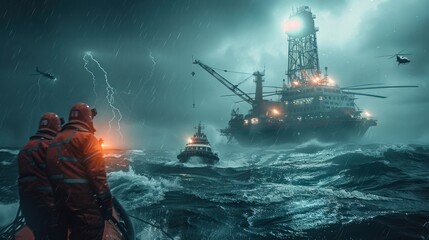 Rescue workers help victims of disasters at sea, such as oil rigs. gas drilling rig Boat in bad weather with helicopter - obrazy, fototapety, plakaty