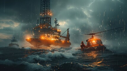 Rescue workers help victims of disasters at sea, such as oil rigs. gas drilling rig Boat in bad weather with helicopter - obrazy, fototapety, plakaty