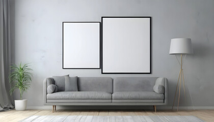 Mockup-poster-frame-close-up-in-empty-interior--3d-render, modern interior with sofa and mockup frame